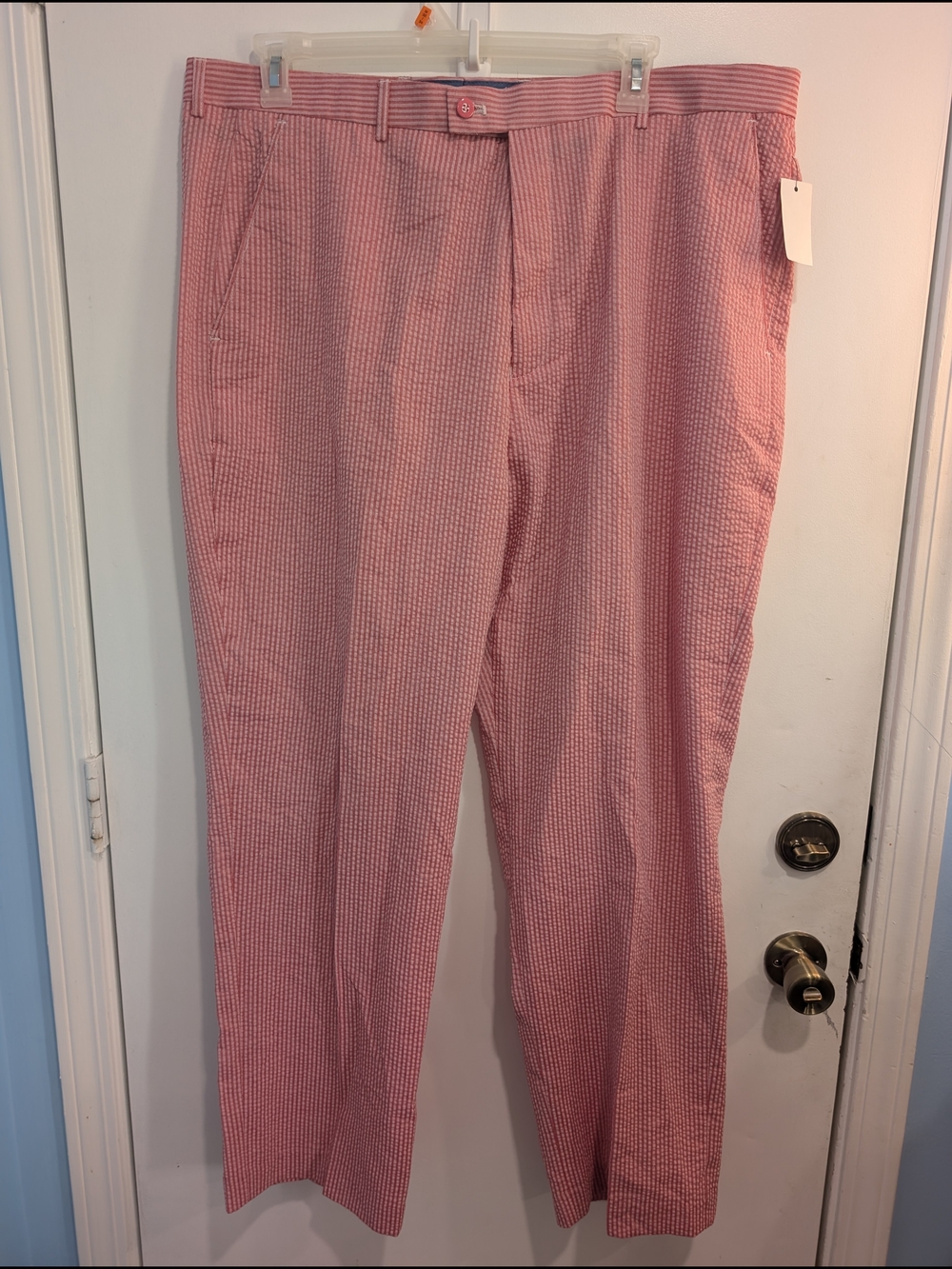 New Linea Uomo Lightweight Red Pinstripe Seersucker Pants Men's 42x32